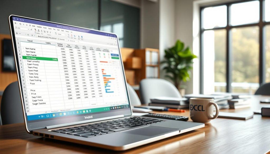 A detailed Excel inventory template displayed on a computer screen in a modern office setting. The foreground features a sleek laptop with an open spreadsheet showcasing columns for Item Name, Quantity, and Price, filled with colorful charts and graphs representing inventory data. In the middle ground, a wooden desk cluttered with business stationery, a calculator, and a coffee mug, suggesting an active work environment. The background includes a large window allowing natural light to flood the space, illuminating the room and casting subtle shadows. The atmosphere is professional and organized, reflecting efficiency and productivity in e-commerce inventory management. The image is captured from a slightly elevated angle to give a comprehensive view of the workspace. A detailed Excel inventory template displayed on a computer screen in a modern office setting. The foreground features a sleek laptop with an open spreadsheet showcasing columns for Item Name, Quantity, and Price, filled with colorful charts and graphs representing inventory data. In the middle ground, a wooden desk cluttered with business stationery, a calculator, and a coffee mug, suggesting an active work environment. The background includes a large window allowing natural light to flood the space, illuminating the room and casting subtle shadows. The atmosphere is professional and organized, reflecting efficiency and productivity in e-commerce inventory management. The image is captured from a slightly elevated angle to give a comprehensive view of the workspace.