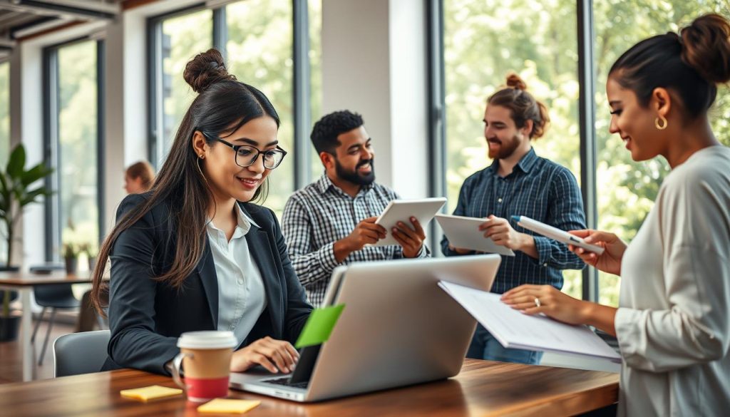 A diverse group of professionals engaged in freelancing activities in a modern, bright co-working space. In the foreground, a young woman in professional attire is working on a laptop, surrounded by colorful sticky notes and a coffee cup. In the middle ground, a man discusses ideas animatedly with a colleague while holding a notepad. To the side, a freelancer sketches on a tablet. The background features large windows allowing natural light to pour in, with greenery visible outside, creating a lively and uplifting atmosphere. The scene is well-lit, conveying a sense of productivity and collaboration, captured with a slight depth of field to emphasize the individuals’ actions. The mood is motivational and innovative, reflecting the essence of understanding freelancing in the modern digital economy.