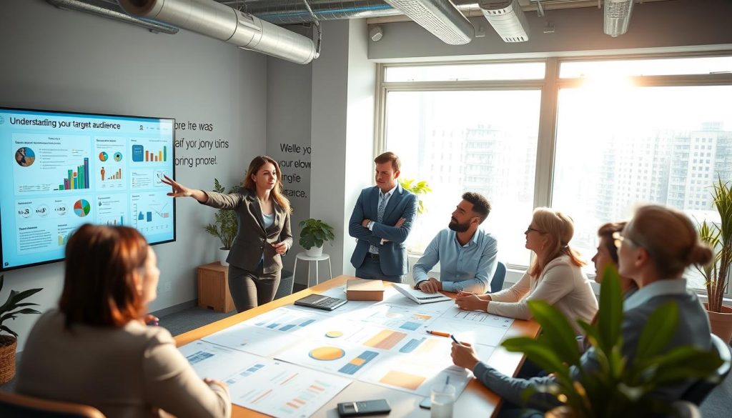 A diverse group of professionals in a well-lit, modern office setting, engaged in a collaborative brainstorming session about understanding their target audience. In the foreground, a confident woman in business attire points to a digital presentation on a sleek monitor, displaying data and visuals. In the middle, a thoughtful man in casual business wear takes notes, surrounded by charts and customer personas spread across a large table. In the background, large windows allow natural light to flood in, enhancing a vibrant atmosphere filled with creativity and teamwork. The room is decorated with plants and inspirational quotes, creating a motivational environment. The image conveys a sense of focus, collaboration, and strategic thinking essential for e-commerce success.