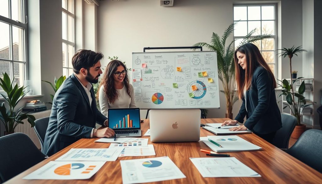 A dynamic and engaging workspace scene showcasing a young entrepreneur evaluating a bootstrap business model. In the foreground, a diverse group of three professionals, dressed in smart casual attire, are gathered around a wooden table covered with diagrams, reports, and a laptop displaying colorful graphs. The middle ground features a whiteboard filled with sketches of e-commerce strategies and sticky notes highlighting key concepts. In the background, large windows let in warm natural light, creating a welcoming atmosphere, while plants add a touch of vitality. The overall mood should convey collaboration, innovation, and excitement about building a new business from the ground up. The composition captures a wide-angle view to emphasize teamwork and creativity in action. A dynamic and engaging workspace scene showcasing a young entrepreneur evaluating a bootstrap business model. In the foreground, a diverse group of three professionals, dressed in smart casual attire, are gathered around a wooden table covered with diagrams, reports, and a laptop displaying colorful graphs. The middle ground features a whiteboard filled with sketches of e-commerce strategies and sticky notes highlighting key concepts. In the background, large windows let in warm natural light, creating a welcoming atmosphere, while plants add a touch of vitality. The overall mood should convey collaboration, innovation, and excitement about building a new business from the ground up. The composition captures a wide-angle view to emphasize teamwork and creativity in action.