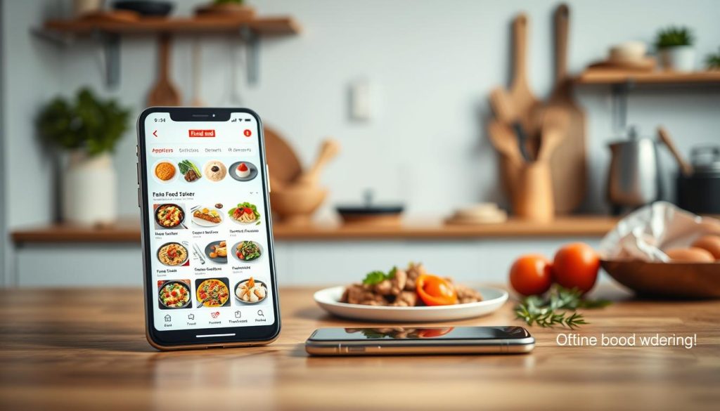 A dynamic and modern online food ordering system interface displayed prominently in the foreground, featuring a vibrant selection of delicious dishes arranged on a digital screen. In the middle ground, a sleek smartphone sits on a stylish wooden table, showcasing the e-commerce app with easy navigation through categories like appetizers, main courses, and desserts. In the background, a softly lit kitchen setting creates a warm and inviting atmosphere, with culinary tools and fresh ingredients subtly blurred, emphasizing the connection between cooking and the online food market. The overall mood is friendly and engaging, with a clear focus on convenience and accessibility in digital food ordering. Use bright, inviting color tones and ensure the lighting highlights the food while maintaining a professional aesthetic.