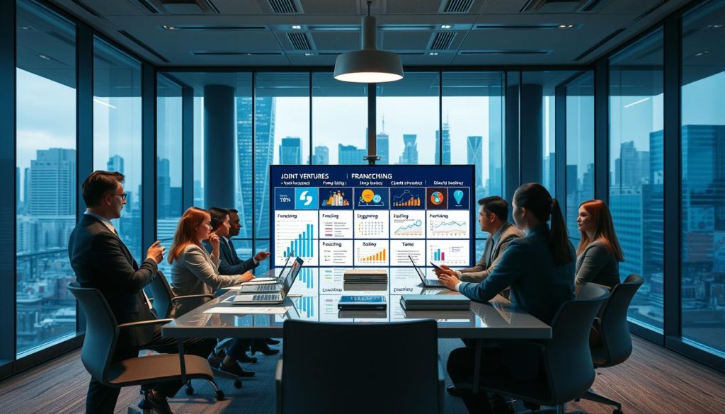 A dynamic and visually engaging representation of "Types of Market Entry Strategies" in a professional setting. In the foreground, a diverse group of business professionals in business attire discuss strategies around a sleek, modern conference table filled with charts and digital devices. In the middle ground, a large digital screen displays various market entry strategy concepts like joint ventures, franchising, and direct investment, highlighted with colorful graphs and illustrations. In the background, a sleek office environment with tall glass windows revealing a bustling cityscape, suggesting global connectivity. Soft, ambient lighting creates a focused yet collaborative atmosphere, emphasizing innovation and strategic thinking. The angle captures the intensity and purpose of the discussion, fostering a sense of forward momentum in the competitive e-commerce landscape. A dynamic and visually engaging representation of "Types of Market Entry Strategies" in a professional setting. In the foreground, a diverse group of business professionals in business attire discuss strategies around a sleek, modern conference table filled with charts and digital devices. In the middle ground, a large digital screen displays various market entry strategy concepts like joint ventures, franchising, and direct investment, highlighted with colorful graphs and illustrations. In the background, a sleek office environment with tall glass windows revealing a bustling cityscape, suggesting global connectivity. Soft, ambient lighting creates a focused yet collaborative atmosphere, emphasizing innovation and strategic thinking. The angle captures the intensity and purpose of the discussion, fostering a sense of forward momentum in the competitive e-commerce landscape.