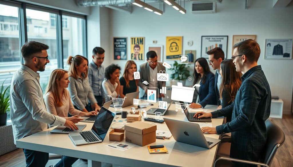A dynamic e-commerce scene showcasing the dropshipping business model. In the foreground, a diverse group of professional individuals in smart casual attire engaged in discussion around a sleek table filled with laptops, charts, and product images. In the middle, visual representations of online shopping, such as shopping carts, product listings, and delivery boxes, emanate from digital devices. The background features a contemporary office space adorned with motivational posters and technological gadgets, symbolizing innovation. Soft, natural lighting floods the room through large windows, creating an inviting atmosphere. Capture this moment from a slightly elevated angle to emphasize collaboration and the modern business environment.
