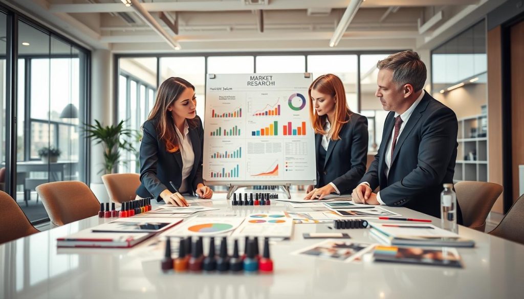 A dynamic nail salon market research scene portrayed in a well-lit office setting. In the foreground, a diverse group of three professionals—two women and one man—dressed in smart business attire, intensely analyzing colorful charts and graphs on a sleek conference table, surrounded by nail polish samples and industry reports. In the middle ground, a detailed whiteboard showcases market trends, competitor analysis, and consumer preferences depicted with vibrant colors and clear labeling. The background features a modern office space with large windows allowing soft, natural light to flood in, creating an inviting atmosphere. The mood is collaborative and focused, emphasizing professionalism and creativity in the nail salon industry, captured with a shallow depth of field for enhanced visual appeal.