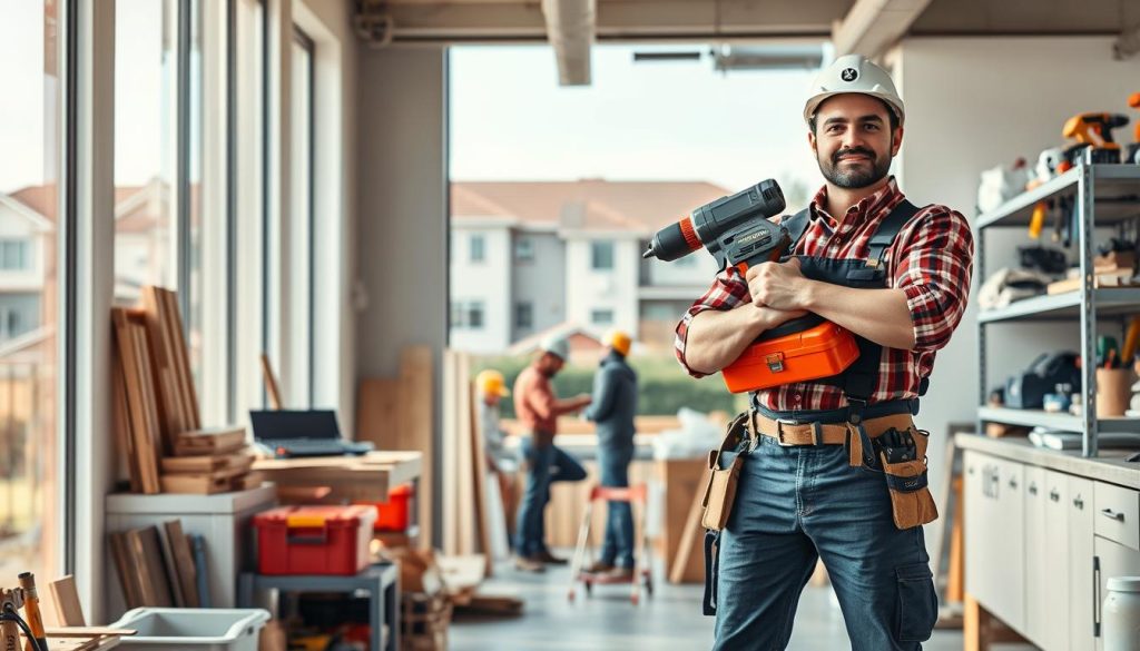 A dynamic scene illustrating the handyman business landscape, featuring a skilled handyman in professional attire, confidently showcasing various tools such as a power drill, saw, and toolbox. In the foreground, a well-organized workshop displays shelves filled with tools and materials, emphasizing craftsmanship and readiness. The middle ground features a busy construction site with workers collaborating and engaging in various tasks, like installation and repair, to reflect teamwork and efficiency. The background features a modern suburban neighborhood, hinting at potential clients' homes. Soft natural lighting bathes the scene, creating a warm and inviting atmosphere. The angle captures the energy of the industry while promoting a sense of professionalism and opportunity in the handyman field. A dynamic scene illustrating the handyman business landscape, featuring a skilled handyman in professional attire, confidently showcasing various tools such as a power drill, saw, and toolbox. In the foreground, a well-organized workshop displays shelves filled with tools and materials, emphasizing craftsmanship and readiness. The middle ground features a busy construction site with workers collaborating and engaging in various tasks, like installation and repair, to reflect teamwork and efficiency. The background features a modern suburban neighborhood, hinting at potential clients' homes. Soft natural lighting bathes the scene, creating a warm and inviting atmosphere. The angle captures the energy of the industry while promoting a sense of professionalism and opportunity in the handyman field.