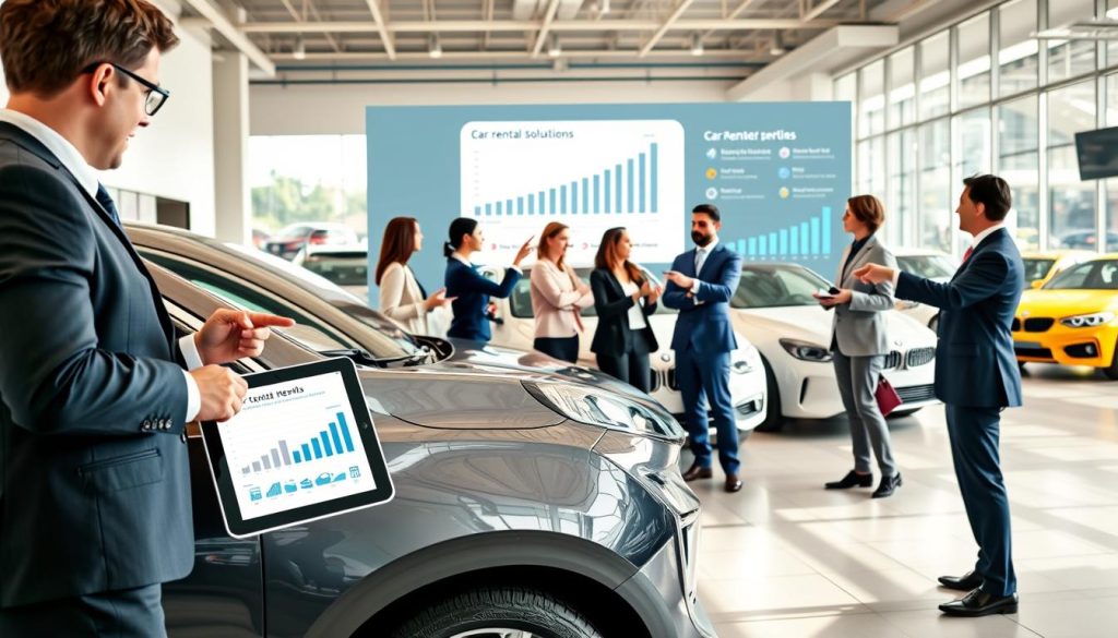 A dynamic scene showcasing the car rental industry trends. In the foreground, a business professional in smart attire stands next to a sleek, modern rental car, examining a digital tablet displaying rental statistics and charts. In the middle ground, a diverse group of people, also in professional attire, engage in discussions, pointing at a large infographic representing industry growth and innovative rental solutions. The background features a high-tech car rental office with bright lighting, showcasing various rental vehicle models. The atmosphere is vibrant and optimistic, symbolizing growth and opportunity in the car rental sector. Use soft natural lighting to enhance the professional and forward-thinking mood. The perspective should be slightly angled to capture both the individuals interacting and the informative elements in view.