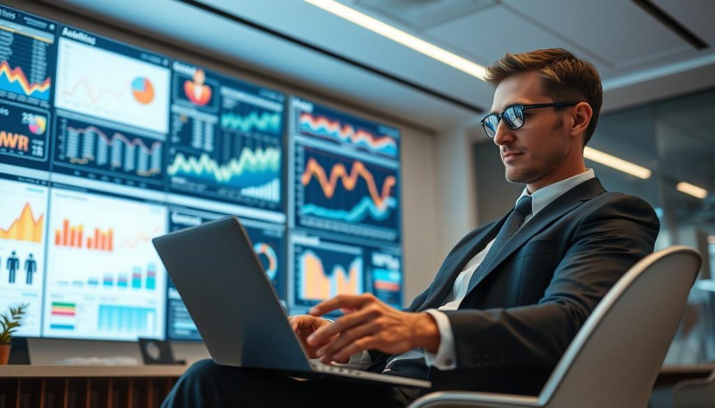 A dynamic, visually engaging representation of "CRO Metrics" for conversion rate optimization. In the foreground, a professional businessperson in smart attire analyzes graphs and charts on a laptop, with a focused expression. The middle layer showcases a bright, modern office environment filled with large digital screens displaying colorful analytics, conversion rates, and trend lines. The background features a minimalist design with geometric patterns and soft, ambient lighting, creating a sense of innovation and clarity. Use a wide-angle lens effect to capture the scene from a slightly elevated perspective, conveying a proactive approach to improving e-commerce strategies. The overall mood is inspiring and forward-thinking, emphasizing growth and success in digital marketing.