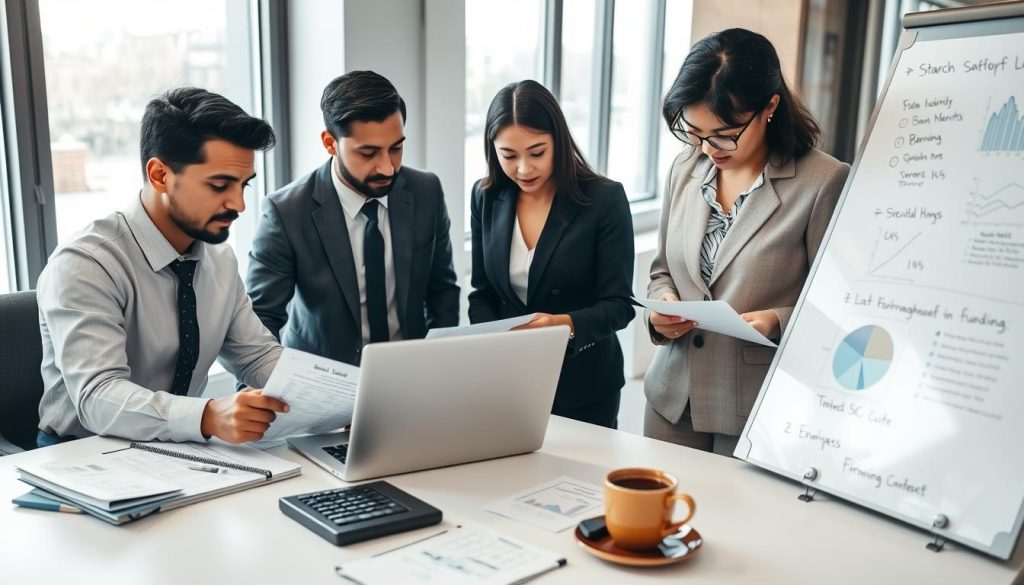 A focused and organized office space representing the startup business loan process, with a diverse team of three professionals dressed in business attire. In the foreground, a man and woman are conversing over a laptop, analyzing financial documents and graphs, while a third person, a woman of Asian descent, writes notes on a whiteboard filled with ideas and strategies for funding. The middle section showcases a modern desk with a calculator, charts, and coffee cups, conveying a sense of collaboration and urgency. The background features large windows with natural light flooding in, giving a bright and optimistic atmosphere. The angle is slightly above eye level, creating a view that emphasizes teamwork and financial analysis in a startup context. A focused and organized office space representing the startup business loan process, with a diverse team of three professionals dressed in business attire. In the foreground, a man and woman are conversing over a laptop, analyzing financial documents and graphs, while a third person, a woman of Asian descent, writes notes on a whiteboard filled with ideas and strategies for funding. The middle section showcases a modern desk with a calculator, charts, and coffee cups, conveying a sense of collaboration and urgency. The background features large windows with natural light flooding in, giving a bright and optimistic atmosphere. The angle is slightly above eye level, creating a view that emphasizes teamwork and financial analysis in a startup context.