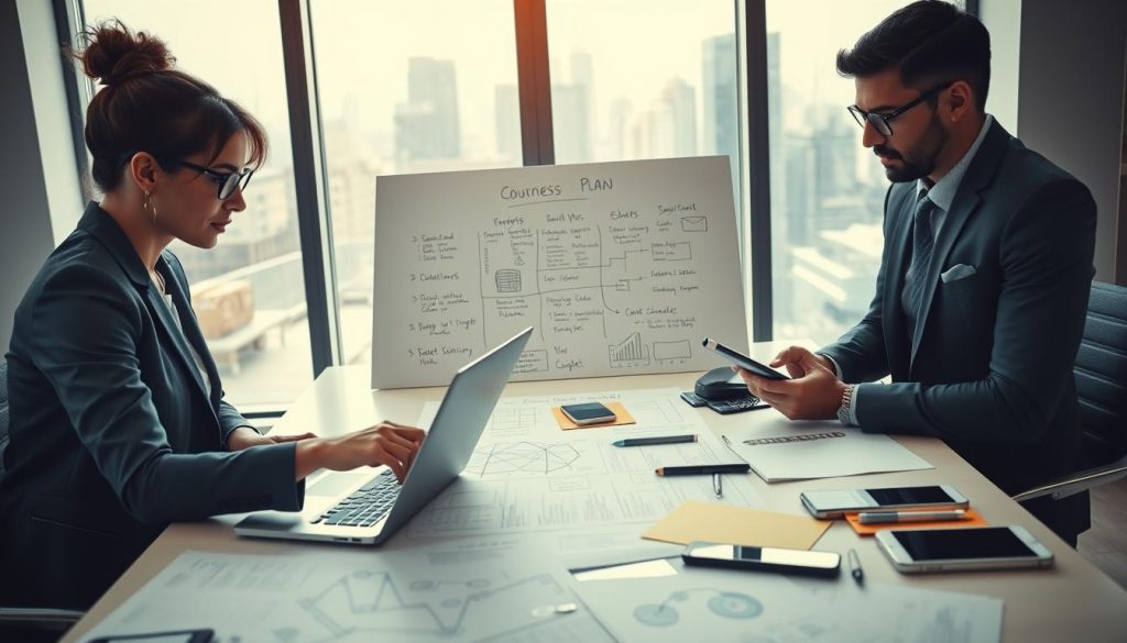 A focused business meeting scene depicting a diverse group of three professionals in a modern office setting, sitting around a large table strewn with logistics charts, delivery schedules, and digital devices. The foreground includes a woman in a tailored suit pointing at a laptop screen, while a man in business casual takes notes. In the middle, a whiteboard is filled with brainstorming ideas and a detailed business plan outline. The background features a large window with a city skyline view, bathed in soft, natural lighting that conveys optimism and productivity. The atmosphere is collaborative and determined, showcasing the essential process of developing a business plan for a courier service. A focused business meeting scene depicting a diverse group of three professionals in a modern office setting, sitting around a large table strewn with logistics charts, delivery schedules, and digital devices. The foreground includes a woman in a tailored suit pointing at a laptop screen, while a man in business casual takes notes. In the middle, a whiteboard is filled with brainstorming ideas and a detailed business plan outline. The background features a large window with a city skyline view, bathed in soft, natural lighting that conveys optimism and productivity. The atmosphere is collaborative and determined, showcasing the essential process of developing a business plan for a courier service.
