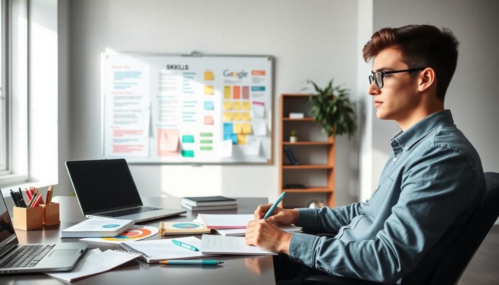 A focused, professional workspace featuring an individual assessing their skills for a freelance business. In the foreground, a young adult, dressed in smart casual attire, sits at a sleek desk surrounded by notebooks, a laptop, and colorful charts. They appear thoughtful, jotting down notes as they analyze their strengths and weaknesses. In the middle ground, a wall-mounted whiteboard displays neatly organized skill categories and goals, symbolizing clarity and direction. The background reveals a well-lit room with large windows, allowing natural light to fill the space, casting soft shadows. The atmosphere is one of motivation and introspection, ideal for personal growth and business development, captured from a slightly elevated angle to showcase both the subject and the organized workspace.