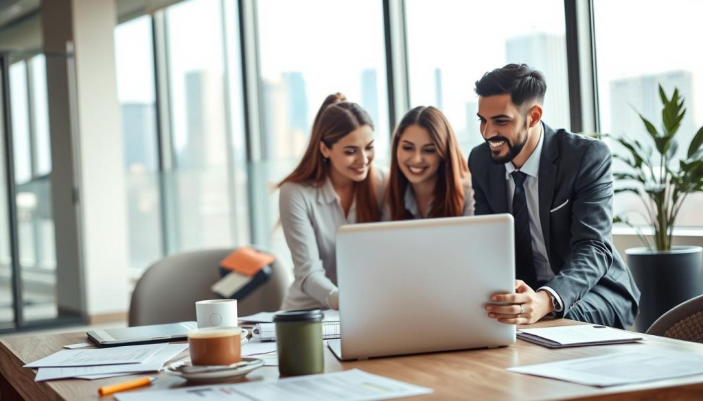 A focused scene depicting a startup business loan scenario. In the foreground, a diverse group of three young professionals, dressed in smart business attire, engaged in a discussion around a laptop showing financial charts. The middle ground features a stylish, modern office space with soft lighting, scattered papers, and coffee cups to give a busy atmosphere. In the background, a large window allows natural light to flood in, highlighting a city skyline. The overall mood is one of determination and optimism, symbolizing the hustle of securing funding. Use a shallow depth of field to create an intimate feel, with the focus on the group while softly blurring the office details. A focused scene depicting a startup business loan scenario. In the foreground, a diverse group of three young professionals, dressed in smart business attire, engaged in a discussion around a laptop showing financial charts. The middle ground features a stylish, modern office space with soft lighting, scattered papers, and coffee cups to give a busy atmosphere. In the background, a large window allows natural light to flood in, highlighting a city skyline. The overall mood is one of determination and optimism, symbolizing the hustle of securing funding. Use a shallow depth of field to create an intimate feel, with the focus on the group while softly blurring the office details.