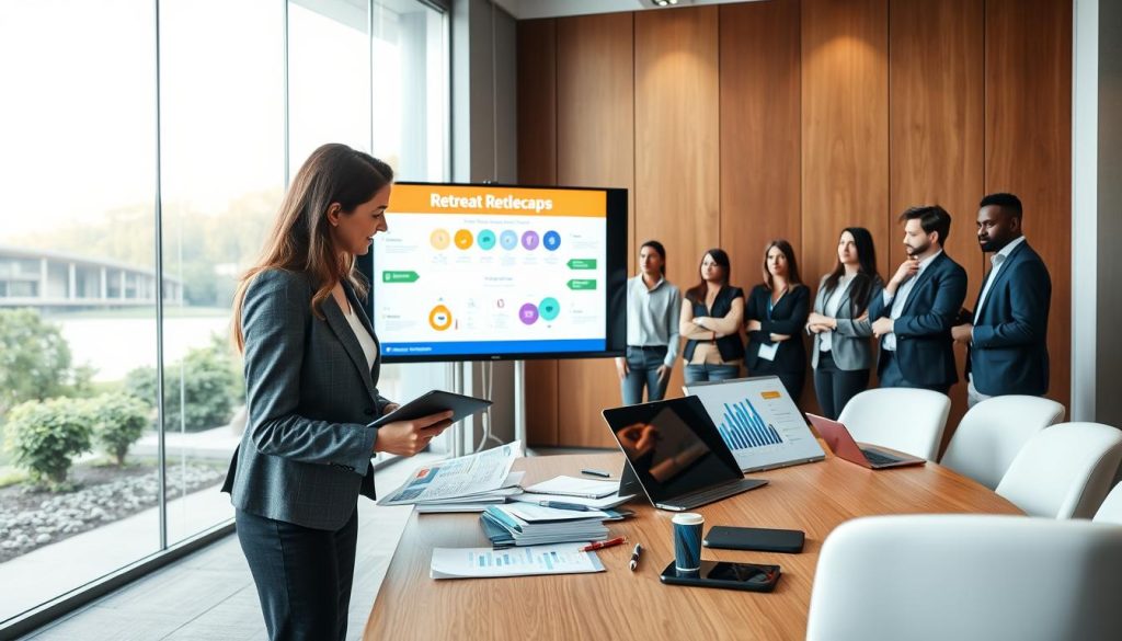 A modern conference room set up for a market research session focused on the retreat business landscape. In the foreground, a professional woman in business attire is analyzing charts and graphs on a digital tablet, surrounded by notes and a laptop. The middle ground features a large screen displaying a colorful infographic outlining trends in the retreat market, while a diverse group of engaged professionals, also in business attire, shares ideas. The background reveals a glass wall with a view of serene nature, symbolizing the essence of retreats. Soft, natural lighting floods the room, creating an inviting atmosphere. The entire scene conveys a mood of collaboration, creativity, and focus on growth in the retreat industry.