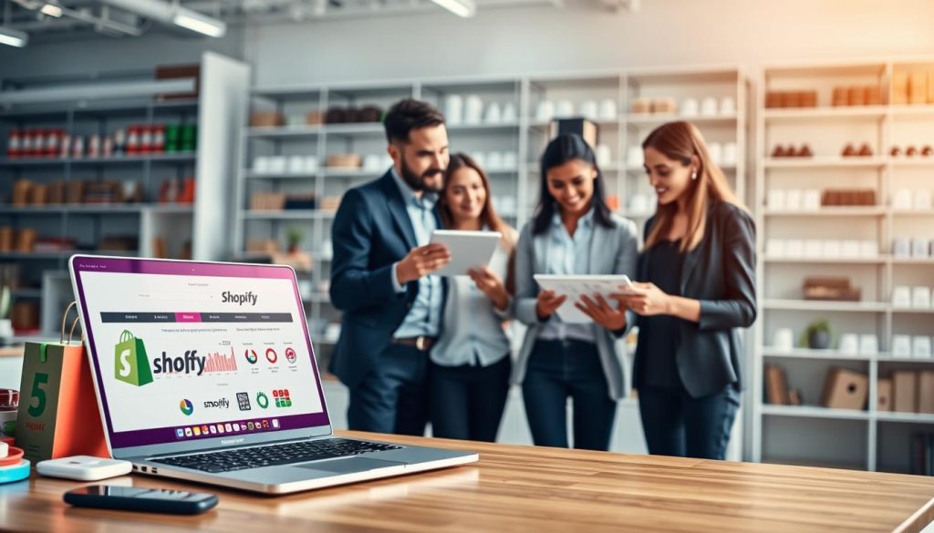 A modern e-commerce platform scene depicting the core functionalities of Shopify. In the foreground, a laptop displaying the Shopify interface sits on a sleek wooden desk, surrounded by a smartphone and colorful product packaging. In the middle ground, a diverse team of professionals, dressed in smart casual attire, engages in a collaborative discussion, analyzing graphs and product statistics on a digital tablet. The background shows a bright, well-lit office environment with shelves stocked with various products, evoking a vibrant business atmosphere. Soft, natural lighting highlights the team’s expressions of enthusiasm and focus, while a slight depth of field emphasizes the foreground elements. The overall mood is one of innovation and teamwork, perfectly capturing the essence of e-commerce success.