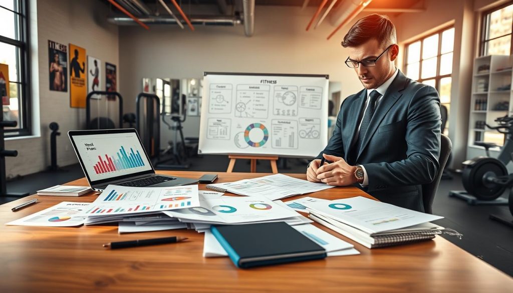 A modern gym office environment showcasing a gym business plan. In the foreground, a sleek wooden desk is cluttered with colorful charts, a laptop displaying fitness statistics, and a notepad filled with ideas. A focused professional in business attire examines the documents, exuding determination and ambition. In the middle, a whiteboard filled with strategic goals and diagrams outlines the gym’s vision. The background features a vibrant gym space with exercise equipment and motivational posters on the walls, creating an energetic atmosphere. Bright, natural lighting floods the room through large windows, casting a warm glow. The composition should convey a sense of professionalism, ambition, and a clear vision for a thriving gym business.