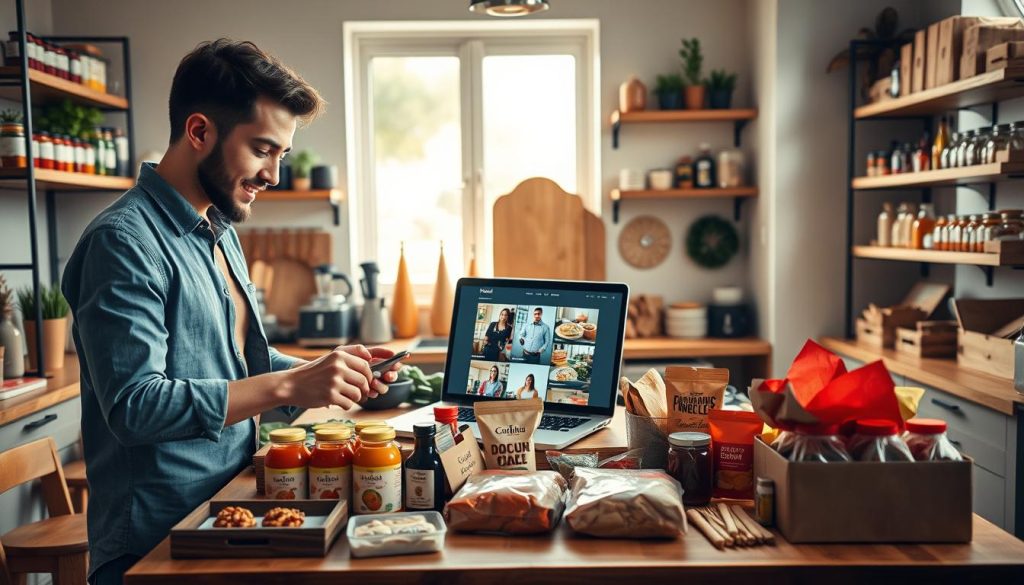 A modern kitchen workspace bustling with activity, showcasing the setup of an online food store. In the foreground, a young entrepreneur in casual business attire is arranging neatly packaged food items, like gourmet sauces and artisanal snacks, on a wooden table. In the middle, a laptop displays an e-commerce website, with colorful product photos visible on the screen. In the background, shelves filled with jars, boxes, and fresh ingredients create a warm and inviting atmosphere, illuminated by soft, natural light streaming in from a nearby window. The overall mood is energetic and optimistic, reflecting the excitement of launching a new food business. The camera angle is slightly elevated, providing a comprehensive view of this vibrant workspace.