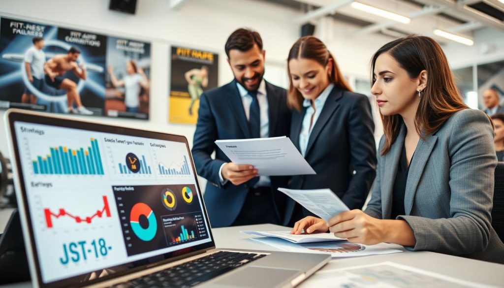 A modern office setting featuring a diverse group of three professionals analyzing gym industry data. In the foreground, a laptop displays colorful graphs and charts related to market analysis, with a close-up of a digital tablet showcasing fitness trends. In the middle ground, two team members of different ethnicities, dressed in professional business attire, discuss strategies while referring to a printed report. The third person, a woman in smart casual attire, points at the data on the laptop screen, highlighting its importance. The background shows a bright workspace with large windows and fitness posters, creating a motivating atmosphere. The scene is well-lit with natural light, capturing a sense of collaboration and focus, all while maintaining a clean, professional aesthetic.