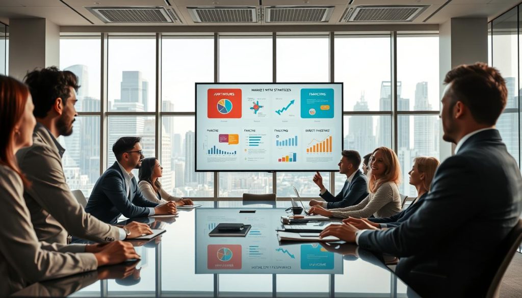 A modern office setting focused on market entry strategies, featuring a large conference table in the foreground surrounded by diverse professionals in business attire engaged in discussion. In the middle, a large digital screen displays colorful infographics and charts depicting various market entry tactics like joint ventures, franchising, and direct investment. In the background, floor-to-ceiling windows overlook a bustling cityscape, with soft, natural lighting illuminating the scene. The atmosphere is collaborative and motivational, with a sense of urgency and innovation in the air. The camera angle is slightly elevated, capturing both the engaged expressions of the team and the dynamic visuals on the screen. A modern office setting focused on market entry strategies, featuring a large conference table in the foreground surrounded by diverse professionals in business attire engaged in discussion. In the middle, a large digital screen displays colorful infographics and charts depicting various market entry tactics like joint ventures, franchising, and direct investment. In the background, floor-to-ceiling windows overlook a bustling cityscape, with soft, natural lighting illuminating the scene. The atmosphere is collaborative and motivational, with a sense of urgency and innovation in the air. The camera angle is slightly elevated, capturing both the engaged expressions of the team and the dynamic visuals on the screen.
