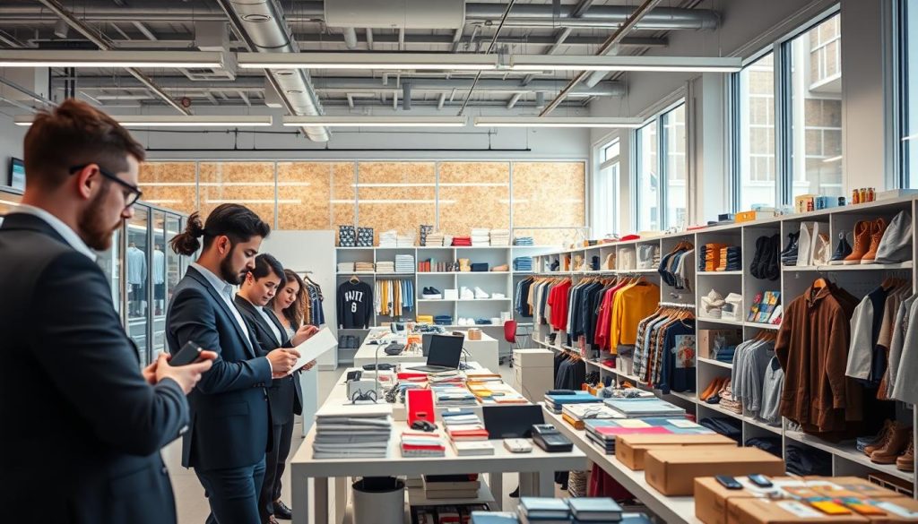 A modern retail testing lab filled with various product testing solutions. In the foreground, a diverse group of professionals in business attire is examining products, using advanced testing equipment and tools. The middle section showcases shelves stocked with diverse retail items—clothing, gadgets, and packaged goods—under bright, even lighting that highlights their features. The background features large windows allowing natural light to flood the room, creating a lively atmosphere. A digital display on the wall highlights data metrics and testing processes. The overall mood is focused and collaborative, emphasizing innovation and thoroughness in product testing for e-commerce retailers, shot from a slightly elevated angle to capture the dynamic interactions and details of the scene.
