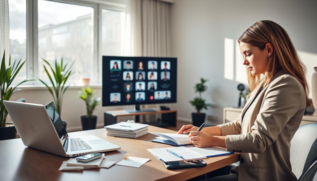 A modern, sleek home office scene showcasing virtual assistant services. In the foreground, a professional woman in smart casual attire works intently at her laptop, surrounded by neatly organized paperwork and a notepad, jotting down notes. In the middle ground, a stylish desk with a high-end monitor displaying various virtual communication platforms, and a smartphone with video call icons visible. Soft natural light floods the room through a large window, creating a warm, inviting atmosphere. The background features minimalistic decor, plants, and a soft color palette that promotes focus and productivity. The overall mood is professional and dynamic, reflecting the thriving nature of the virtual assistant industry in the context of e-commerce, highlighting commitment and efficiency.