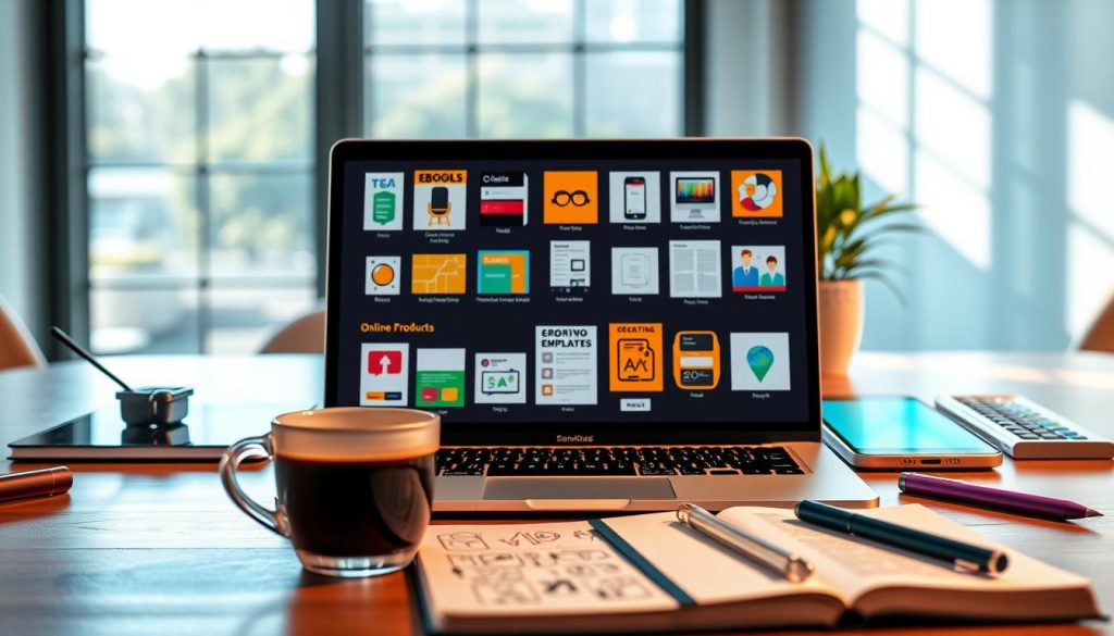 A modern workspace featuring a sleek laptop displaying various digital products such as eBooks, online courses, and graphic templates. In the foreground, there is a cup of coffee and a notebook with creative sketches. The middle ground showcases a clean desk with a vibrant digital tablet, phone, and a small potted plant, creating a sense of productivity. In the background, a large window allows natural light to filter in, casting soft shadows across the space, enhancing the inviting atmosphere. The overall mood is professional yet creative, symbolizing the digital downloads business model. Use a shallow depth of field to emphasize the laptop while maintaining a warm, bright color palette to evoke inspiration and focus. A modern workspace featuring a sleek laptop displaying various digital products such as eBooks, online courses, and graphic templates. In the foreground, there is a cup of coffee and a notebook with creative sketches. The middle ground showcases a clean desk with a vibrant digital tablet, phone, and a small potted plant, creating a sense of productivity. In the background, a large window allows natural light to filter in, casting soft shadows across the space, enhancing the inviting atmosphere. The overall mood is professional yet creative, symbolizing the digital downloads business model. Use a shallow depth of field to emphasize the laptop while maintaining a warm, bright color palette to evoke inspiration and focus.