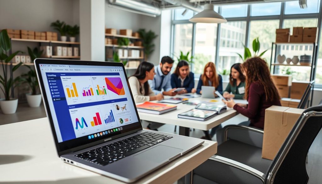 A modern workspace showcasing the concept of dropshipping. In the foreground, a sleek laptop displays a vibrant e-commerce dashboard with colorful graphs and product images. In the middle ground, a diverse group of professionals, dressed in smart casual attire, engage in a brainstorming session around a table filled with product catalogs and digital tablets. The background features a bright, airy office space with large windows letting in natural light, plants, and shelves lined with boxes symbolizing inventory. The atmosphere is energetic and collaborative, conveying a sense of innovation and entrepreneurship. The image is well-lit, with soft shadows accentuating the workspace, creating a warm and inviting mood, captured from a slightly elevated angle for a spacious feel. A modern workspace showcasing the concept of dropshipping. In the foreground, a sleek laptop displays a vibrant e-commerce dashboard with colorful graphs and product images. In the middle ground, a diverse group of professionals, dressed in smart casual attire, engage in a brainstorming session around a table filled with product catalogs and digital tablets. The background features a bright, airy office space with large windows letting in natural light, plants, and shelves lined with boxes symbolizing inventory. The atmosphere is energetic and collaborative, conveying a sense of innovation and entrepreneurship. The image is well-lit, with soft shadows accentuating the workspace, creating a warm and inviting mood, captured from a slightly elevated angle for a spacious feel.