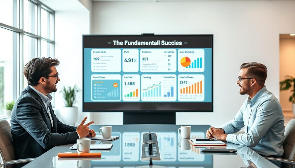 A modern workspace showcasing the fundamentals of crowdfunding. In the foreground, a diverse group of three professionals—two men and one woman—are engaged in a discussion while seated around a sleek conference table, all dressed in smart casual attire. In the middle, a large digital screen displays various crowdfunding platforms and graphs illustrating funding success. Surrounding them are notepads, laptops, and coffee cups, emphasizing a creative brainstorming atmosphere. The background features a bright, minimalist office space with large windows allowing natural light to flood in, enhancing the vibrant mood. The overall composition captures an engaging and educational environment, promoting a sense of collaboration and innovation in e-commerce crowdfunding.