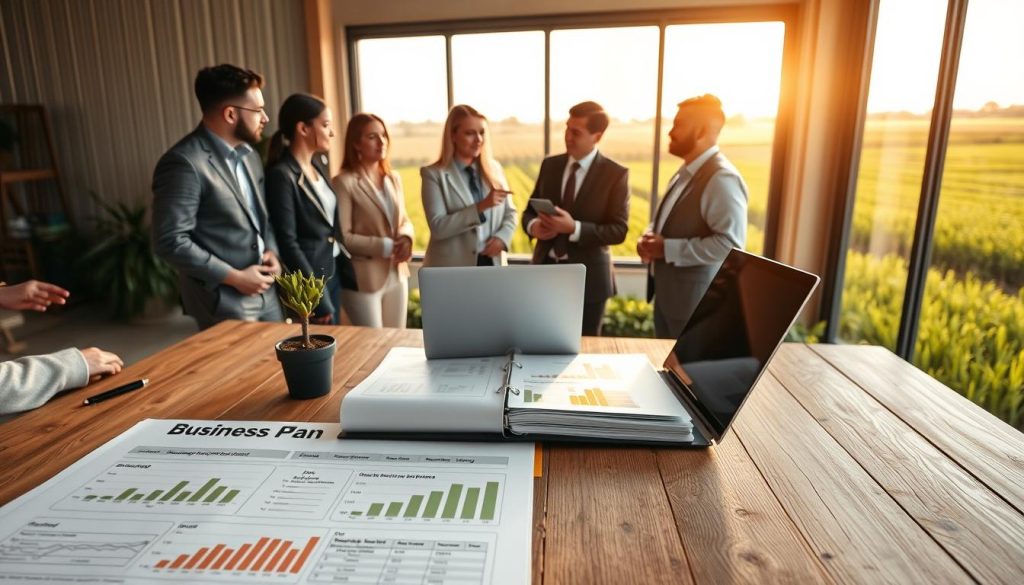 A professional agricultural setting showcasing a detailed farming business plan on a desk. In the foreground, a rustic wooden table displays a neatly organized business plan binder, charts, and graphs highlighting crop yields and financial projections. A laptop is open next to a small potted plant, symbolizing growth. In the middle, a diverse group of individuals in professional business attire discusses strategies, pointing to the documents and collaborating actively. In the background, a window reveals a vibrant farm landscape with fields and crops under golden sunlight, creating a hopeful and productive atmosphere. The scene is well-lit with soft, natural light, conveying a sense of optimism and professionalism. The angle is slightly elevated, capturing the dynamics of teamwork and planning for a successful agribusiness venture.