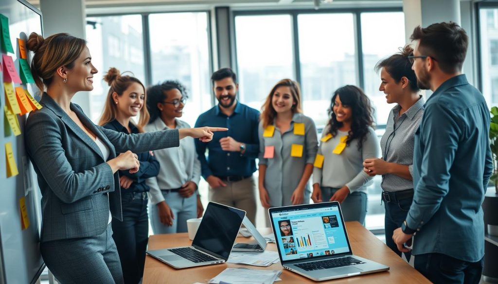 A professional and visually engaging workspace depicting a diverse group of individuals brainstorming ideas. In the foreground, a businesswoman in smart casual attire points at a whiteboard filled with colorful post-it notes representing various service niches. In the middle, an enthusiastic team engages in discussion, surrounded by laptops, charts, and a laptop showing an e-commerce website. The background features a modern office environment with large windows allowing natural light to pour in, illuminating the scene. The mood is collaborative and focused, suggesting innovation and strategic thinking. The image should be captured from a slightly elevated angle to include all participants while emphasizing the dynamic atmosphere of niche identification in service-oriented businesses.