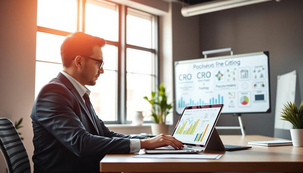 A professional digital marketing workspace centered around the theme of Conversion Rate Optimization (CRO). In the foreground, a focused business professional, dressed in smart business attire, studies a laptop displaying analytics graphs and colorful e-commerce data. The middle ground features a whiteboard filled with strategic CRO concepts and flowcharts, while a large window in the background allows warm, natural light to illuminate the room. The atmosphere is motivated and industrious, emphasizing understanding the importance of CRO for business success. Capture this scene from a slightly elevated angle to showcase both the individual’s engagement with the data and the dynamic environment of a modern office. Ensure a clean, well-organized look, void of distractions.