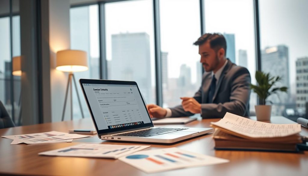A professional office setting, focused on a sleek, modern desk featuring a laptop displaying a website with domain registration details. In the foreground, a business professional dressed in smart attire reviews domain ownership information. The middle layer should include a softly glowing desk lamp and scattered documents with charts and graphs, indicating research findings. In the background, a large window allows natural light to stream in, creating a bright atmosphere, while the city skyline is subtly visible outside. Use a balanced composition with a shallow depth of field to emphasize the foreground action. The overall mood should feel investigative and thoughtful, illustrating the process of determining domain ownership within an engaging e-commerce context.