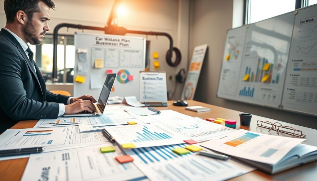 A professional workspace for developing a car wash business plan, featuring a desk cluttered with business documents, graphs, and charts showing growth projections. In the foreground, a person in business attire is analyzing the data on a laptop, deep in thought. The middle ground includes a whiteboard filled with strategies and ideas for improving service and increasing revenue, while colorful sticky notes are scattered around. The background displays a window with a bright view of a clean car wash in action, sunlight streaming through and reflecting off the water. Capture the mood of determination and focus in an inviting atmosphere with soft, warm lighting, emphasizing a sense of professionalism and ambition. The angle should be slightly elevated, providing a comprehensive view of the workspace without any text or distractions.