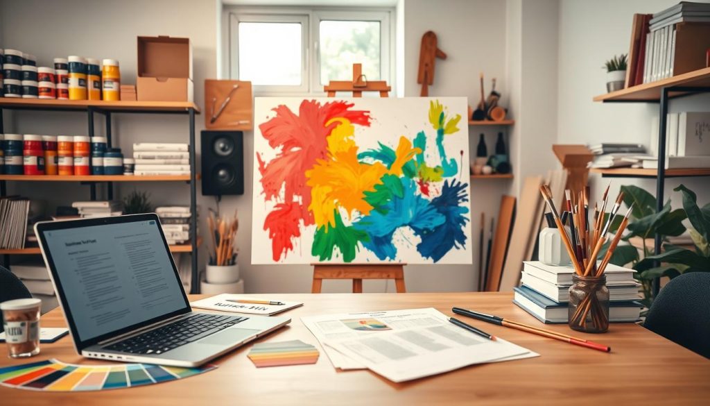 A professional workspace illustrating a painting business model. In the foreground, a well-organized desk features a laptop opened to a business plan, alongside color swatches and paintbrushes. In the middle, a large canvas displays a vivid painting in progress, symbolizing creativity and artistry. Background elements include shelves lined with paint containers, tools, and reference books on business and art. Soft, natural lighting filters in from a window, creating a warm and inviting atmosphere. The composition captures a balance of professionalism and creativity, emphasizing the entrepreneurial spirit. The mood is inspirational and focused, showcasing a blend of artistry and business acumen without any text, ensuring a clean and polished aesthetic.