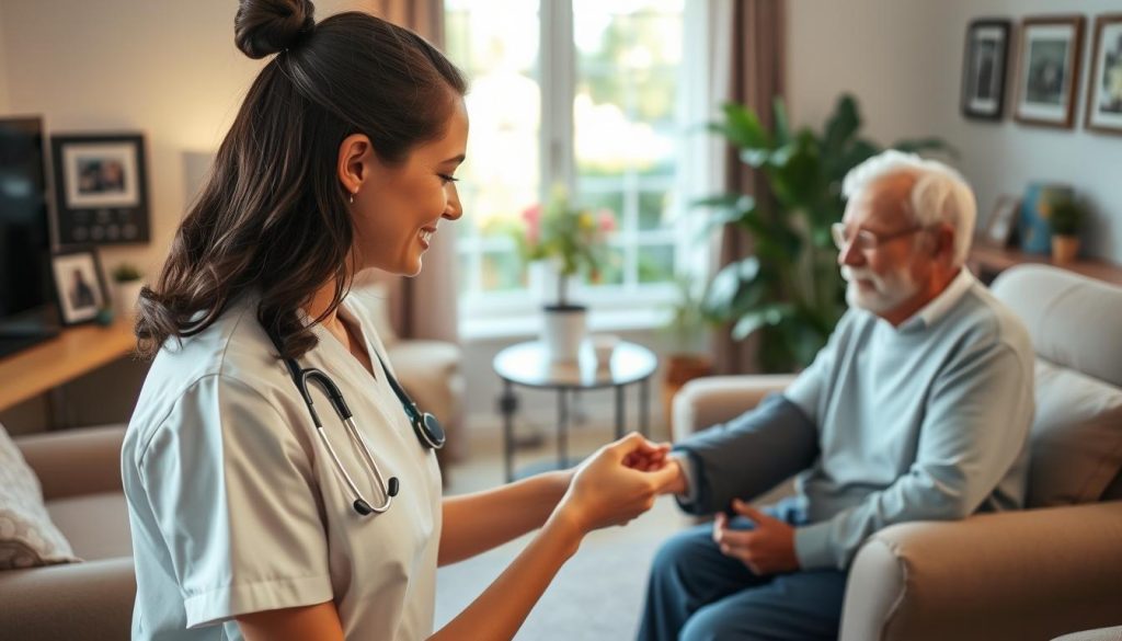 A serene and inviting home health care environment featuring a compassionate nurse in professional attire caring for an elderly patient in a cozy living room. In the foreground, the nurse gently checks the patient’s blood pressure while smiling reassuringly. The middle ground showcases a well-lit room with soft, warm lighting, emphasizing a comfortable armchair, a small table with health monitoring devices, and personal touches like family photos on the walls. In the background, a window reveals a peaceful garden, letting natural light flood in. The overall mood is one of trust, compassion, and professionalism, reflecting the vital role of home health care services in enhancing quality of life. A serene and inviting home health care environment featuring a compassionate nurse in professional attire caring for an elderly patient in a cozy living room. In the foreground, the nurse gently checks the patient’s blood pressure while smiling reassuringly. The middle ground showcases a well-lit room with soft, warm lighting, emphasizing a comfortable armchair, a small table with health monitoring devices, and personal touches like family photos on the walls. In the background, a window reveals a peaceful garden, letting natural light flood in. The overall mood is one of trust, compassion, and professionalism, reflecting the vital role of home health care services in enhancing quality of life.