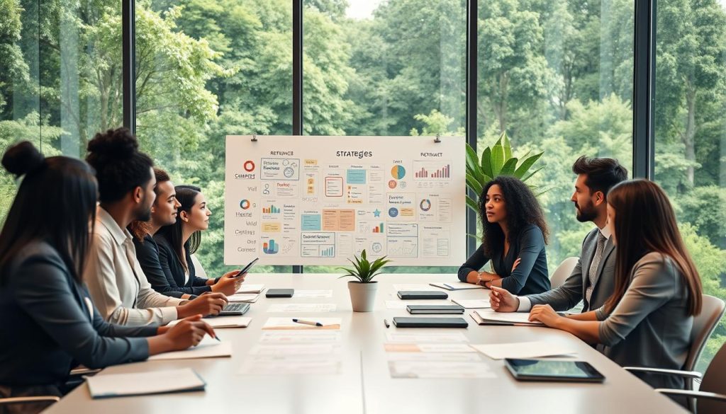 A serene, modern conference room with large windows offering a view of lush green landscapes. In the foreground, a diverse group of professionals in smart casual attire discuss strategies around a sleek table, scattered with notebooks and digital devices. The middle showcases a whiteboard filled with colorful brainstorming notes, graphs, and concepts related to different retreat niches, while a large potted plant adds a touch of nature. The background features soft natural lighting that creates an inviting and focused atmosphere. The camera angle is slightly elevated, capturing both the engaged expressions of the individuals and the vivid details on the table. Overall, the image conveys collaboration, innovation, and clarity in planning for a successful retreat business.