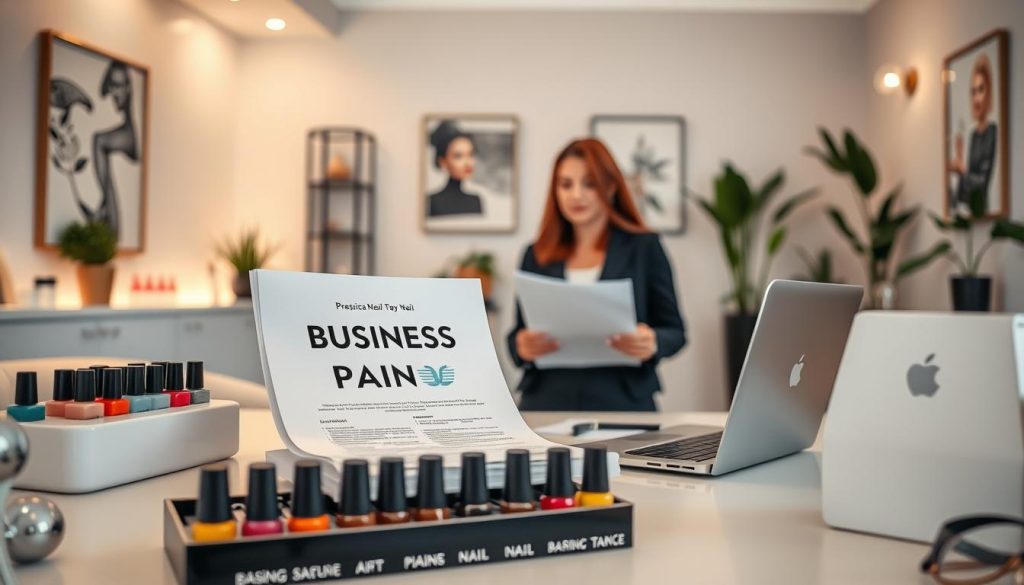 A serene nail salon workspace featuring a sleek manicure station in the foreground with neatly arranged nail polish bottles in vibrant colors. A well-organized business plan document is displayed prominently on the desk, with a stylish laptop nearby. In the middle ground, a professional-looking woman in smart casual attire is discussing the business plan with a colleague, both engaged in conversation. The background showcases a calming ambiance with soft lighting illuminating modern decor, including potted plants and elegant artwork on the walls. The overall atmosphere is focused and inviting, reflecting the importance of planning and professionalism in the nail salon industry. The setting suggests a blend of creativity and business acumen, emphasizing the significance of a well-structured business plan.