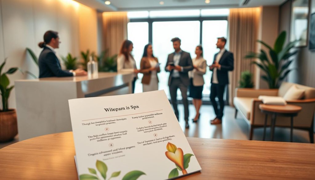 A serene spa environment with an inviting reception area, featuring a sleek modern desk and elegant décor. In the foreground, a thoughtfully designed brochure is displayed, showcasing the spa's unique offerings, such as organic treatments and personalized wellness programs. In the middle ground, a small group of diverse, professionally dressed individuals is engaged in a strategic brainstorming session, analyzing and discussing their competitive advantages with enthusiasm. The background shows calming elements, like indoor plants and soft, diffused natural light filtering through large windows, creating a tranquil atmosphere. The mood is inspiring and focused, emphasizing creativity and clarity in defining a unique selling proposition for the spa business. The composition is captured with a slight tilt-up angle for an empowering perspective, and the lighting is warm and inviting, enhancing the sense of professionalism and relaxation. A serene spa environment with an inviting reception area, featuring a sleek modern desk and elegant décor. In the foreground, a thoughtfully designed brochure is displayed, showcasing the spa's unique offerings, such as organic treatments and personalized wellness programs. In the middle ground, a small group of diverse, professionally dressed individuals is engaged in a strategic brainstorming session, analyzing and discussing their competitive advantages with enthusiasm. The background shows calming elements, like indoor plants and soft, diffused natural light filtering through large windows, creating a tranquil atmosphere. The mood is inspiring and focused, emphasizing creativity and clarity in defining a unique selling proposition for the spa business. The composition is captured with a slight tilt-up angle for an empowering perspective, and the lighting is warm and inviting, enhancing the sense of professionalism and relaxation.
