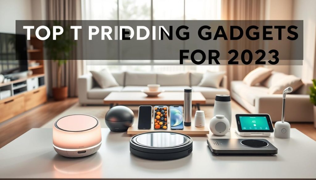A sleek modern display showcasing the top trending home gadgets for 2023. In the foreground, highlight a smart home assistant with a sleek design and ambient glow, a compact robot vacuum cleaner, and a stylish air purifying device. In the middle, arrange a wireless charging station with various compatible devices, surrounded by practical kitchen gadgets like an automatic stirrer and smart food scale. The background features a contemporary living space with soft natural lighting streaming through large windows, emphasizing an inviting atmosphere. Use a slightly elevated angle to capture the entire scene, creating a sense of innovation and modernity, all while ensuring a clean and organized look. A sleek modern display showcasing the top trending home gadgets for 2023. In the foreground, highlight a smart home assistant with a sleek design and ambient glow, a compact robot vacuum cleaner, and a stylish air purifying device. In the middle, arrange a wireless charging station with various compatible devices, surrounded by practical kitchen gadgets like an automatic stirrer and smart food scale. The background features a contemporary living space with soft natural lighting streaming through large windows, emphasizing an inviting atmosphere. Use a slightly elevated angle to capture the entire scene, creating a sense of innovation and modernity, all while ensuring a clean and organized look.