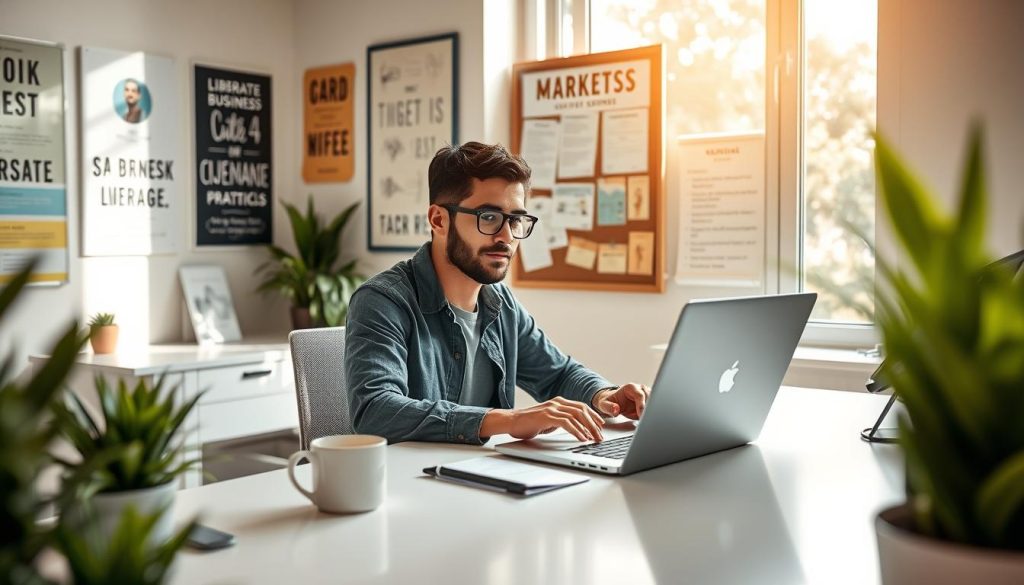 A small business owner sits at a bright, modern desk, expertly typing on a laptop to create a Substack newsletter. The foreground features a clean, organized workspace adorned with plants and a steaming coffee mug. In the middle background, a wall is decorated with inspirational business-related posters, while a bulletin board displays various marketing strategies. Soft, natural light filters in through a large window, casting a warm glow over the scene. The overall atmosphere is lively and motivated, showcasing a blend of creativity and professionalism. The owner, dressed in smart casual attire, appears focused and enthusiastic, illustrating the potential of using Substack for small business promotion.