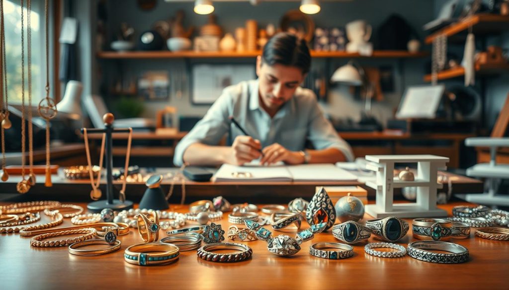 A stunning display of diverse jewelry styles, including elegant gold necklaces, intricate silver rings, and colorful gemstone bracelets, elegantly arranged on a polished wooden table in the foreground. In the middle, a soft-focus jewelry designer sketches unique pieces, showcasing a creative and professional atmosphere. Warm, diffused lighting bathes the scene, highlighting the shimmer of the jewelry while casting soft shadows that add depth. The background features a neatly organized workspace adorned with tools and materials, enhancing the mood of creativity and professionalism. Aesthetic balance is maintained through harmonious colors, encouraging a sense of aspiration for budding entrepreneurs in the jewelry industry. The overall atmosphere is inspiring and inviting, perfect for showcasing the essence of defining a unique selling proposition in jewelry design.