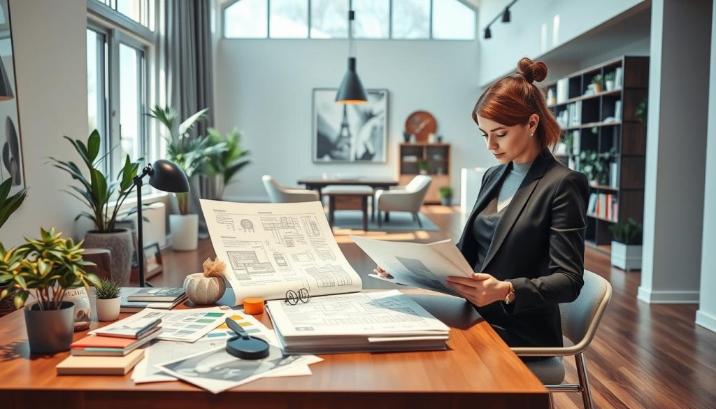 A stylish interior design workspace, showcasing a modern desk adorned with design materials like fabric swatches, color palettes, and architectural sketches. In the foreground, a professional woman in a sleek business outfit thoughtfully reviews a detailed interior design business plan, surrounded by plants and decorative elements that reflect creativity. The middle area features a bright, open room with large windows allowing natural light to flood in, casting soft shadows across the polished wooden floor. In the background, shelves lined with design books and magazine clippings provide inspiration, enhancing the atmosphere of innovation and professionalism. The scene conveys a mood of focus and ambition, ideal for understanding the importance of a solid business plan in the interior design industry. A stylish interior design workspace, showcasing a modern desk adorned with design materials like fabric swatches, color palettes, and architectural sketches. In the foreground, a professional woman in a sleek business outfit thoughtfully reviews a detailed interior design business plan, surrounded by plants and decorative elements that reflect creativity. The middle area features a bright, open room with large windows allowing natural light to flood in, casting soft shadows across the polished wooden floor. In the background, shelves lined with design books and magazine clippings provide inspiration, enhancing the atmosphere of innovation and professionalism. The scene conveys a mood of focus and ambition, ideal for understanding the importance of a solid business plan in the interior design industry.