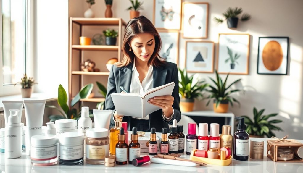 A stylish workspace showcasing beauty branding concepts for a successful beauty business. In the foreground, an elegantly arranged table features an array of well-designed product packaging—skincare creams, essential oils, and colorful makeup containers. In the middle, a confident, professional woman in chic business attire is sketching brand design ideas in her notebook, highlighting creativity and purpose. The background displays a minimalist shelf adorned with aesthetically pleasing plants and framed mood boards, illustrating unique brand identity elements. Warm, natural lighting floods the scene, casting soft shadows and creating an inviting atmosphere. The angle is slightly elevated, offering a clear view of the vibrant colors and textures, evoking inspiration and innovation in beauty branding. A stylish workspace showcasing beauty branding concepts for a successful beauty business. In the foreground, an elegantly arranged table features an array of well-designed product packaging—skincare creams, essential oils, and colorful makeup containers. In the middle, a confident, professional woman in chic business attire is sketching brand design ideas in her notebook, highlighting creativity and purpose. The background displays a minimalist shelf adorned with aesthetically pleasing plants and framed mood boards, illustrating unique brand identity elements. Warm, natural lighting floods the scene, casting soft shadows and creating an inviting atmosphere. The angle is slightly elevated, offering a clear view of the vibrant colors and textures, evoking inspiration and innovation in beauty branding.