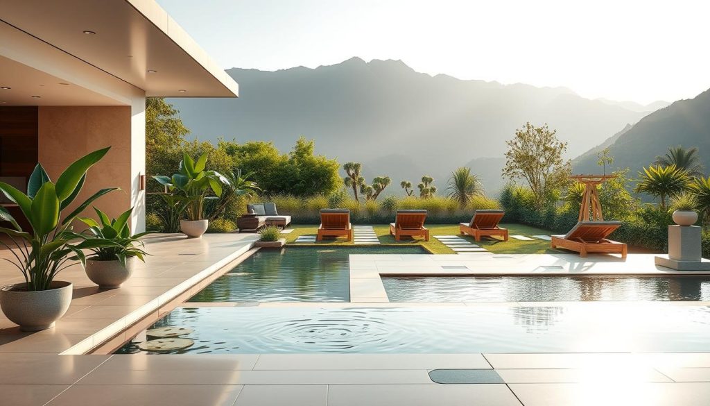 A tranquil spa industry landscape featuring a modern wellness center set against a serene natural backdrop. In the foreground, an inviting reception area with sleek, minimalist decor showcases lush green plants and calming water features. The middle ground features an outdoor relaxation space with bamboo loungers and soft, ambient lighting, surrounded by a manicured garden. In the background, softly lit mountains create a harmonious contrast, signifying tranquility. Natural sunlight filters through, casting gentle shadows. Focus on a wide-angle view from slightly above to capture the overall ambiance of relaxation and luxury, highlighting the essence of the spa industry. The mood exudes calmness and sophistication, ideal for conveying a professional spa environment. A tranquil spa industry landscape featuring a modern wellness center set against a serene natural backdrop. In the foreground, an inviting reception area with sleek, minimalist decor showcases lush green plants and calming water features. The middle ground features an outdoor relaxation space with bamboo loungers and soft, ambient lighting, surrounded by a manicured garden. In the background, softly lit mountains create a harmonious contrast, signifying tranquility. Natural sunlight filters through, casting gentle shadows. Focus on a wide-angle view from slightly above to capture the overall ambiance of relaxation and luxury, highlighting the essence of the spa industry. The mood exudes calmness and sophistication, ideal for conveying a professional spa environment.