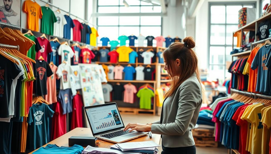A vibrant and dynamic workspace filled with an array of colorful T-shirts displayed on wooden racks, showcasing various designs, styles, and patterns. In the foreground, a professional businesswoman in smart casual attire analyzes a laptop screen displaying sales analytics. The middle ground features a brainstorming area with sticky notes and charts outlining marketing strategies, while a mood board showcases visual inspirations for different target demographics. In the background, a well-organized inventory area, bustling with activity, hints at a thriving e-commerce business. Bright natural light streams through large windows, creating an inviting atmosphere. The overall mood is energetic and creative, reflecting the entrepreneurial spirit of a successful T-shirt business.