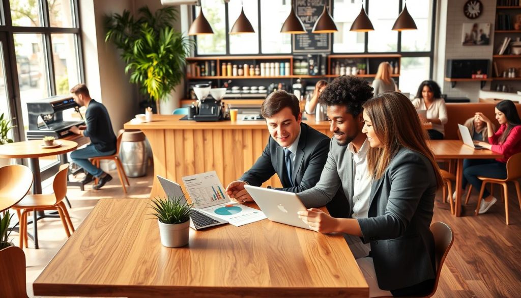 A vibrant and engaging coffee shop scene illustrating market analysis. In the foreground, a diverse group of three professionals dressed in smart business attire sits around a modern wooden table, examining charts and graphs on a laptop. The middle ground features a stylish coffee bar with various coffee equipment and a menu board, while patrons enjoy their drinks and work on laptops. In the background, large windows let in warm, natural light, creating a cozy atmosphere. The color palette is rich with browns and greens, evoking a sense of warmth and productivity. The scene conveys a mood of collaboration and focus, capturing the essence of conducting market research in a coffee shop environment. Camera angle: slightly elevated, showcasing both the group and the inviting coffee shop ambiance.