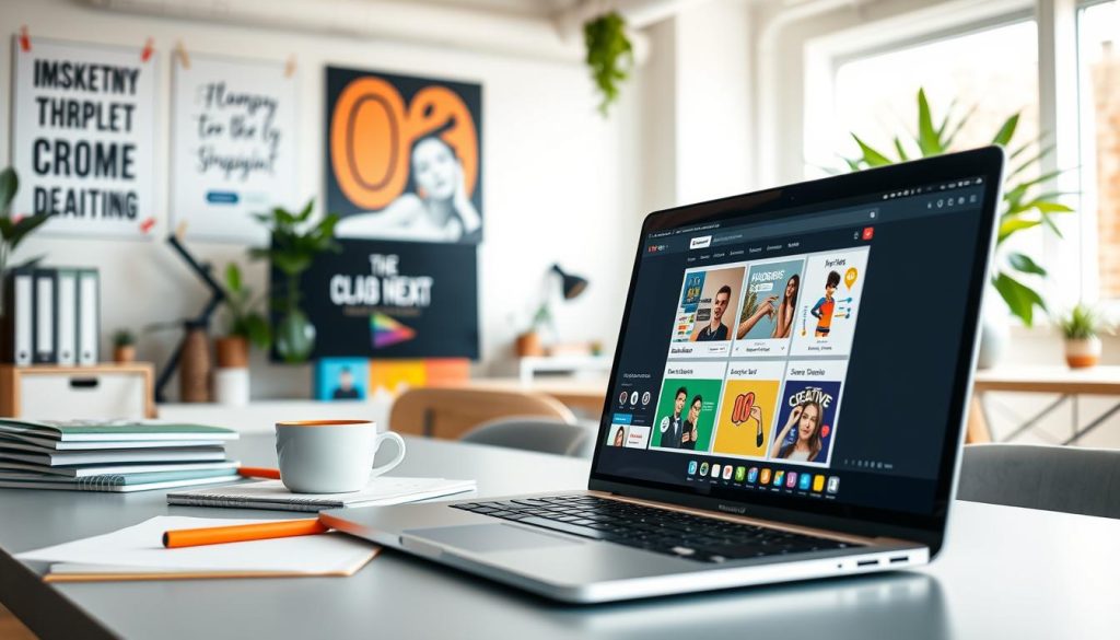 A vibrant and engaging scene showcasing a computer screen displaying Shopify's customizable templates for e-commerce websites. In the foreground, a sleek laptop with a clean design is open, revealing a vibrant layout of colorful templates with various styles such as minimalist, modern, and creative. In the middle ground, an organized workspace features notebooks, a coffee cup, and design tools, radiating a productive atmosphere. The background includes a bright, well-lit office environment with inspirational marketing posters and greenery, suggesting creativity and innovation. Soft, natural lighting illuminates the scene, creating a warm and inviting feel. The focus is on the templates, conveying the flexibility and customization options available with Shopify, without any text or human subjects present.