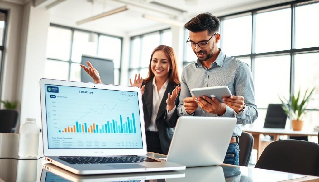 A vibrant and engaging workspace scene featuring a diverse group of three professionals collaborating over a laptop, illustrating online income opportunities in E-Commerce. In the foreground, a silver laptop displays graphs and charts representing financial growth. In the middle, a woman in business attire gestures enthusiastically while explaining a concept, and a man in smart casual clothing takes notes on a tablet. In the background, a bright, modern office with large windows allows natural light to flood the room, creating an inviting atmosphere. The mood is optimistic and energetic, symbolizing the potential for success in online money-making ventures. Soft, focused lighting highlights the subjects, capturing a moment of inspiration and teamwork.
