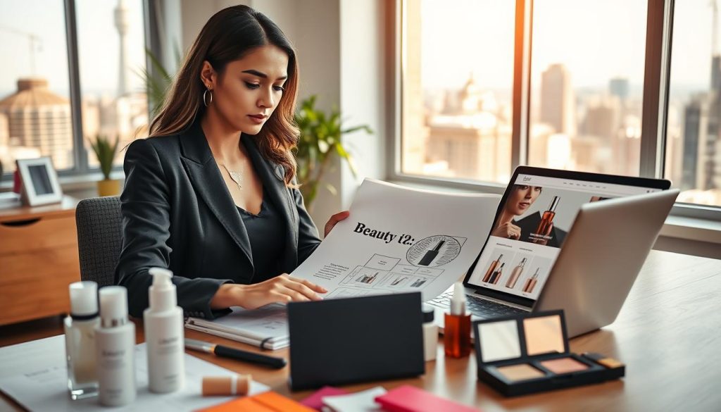 A vibrant and inspirational workspace for a beauty business startup, featuring a stylish desk adorned with beauty product samples, business plans, and a laptop showing e-commerce website designs. In the foreground, a confident professional woman in smart-casual attire reviews her plans, embodying determination and creativity. The middle section showcases elegant beauty products like skincare bottles and makeup compacts arranged aesthetically. In the background, large windows reveal a bright, cheerful cityscape, with soft, natural sunlight illuminating the scene, creating an inviting and optimistic atmosphere. The composition captures the essence of ambition in the beauty industry landscape, blending professionalism with artistic flair, inviting the viewer into the world of beauty entrepreneurship. A vibrant and inspirational workspace for a beauty business startup, featuring a stylish desk adorned with beauty product samples, business plans, and a laptop showing e-commerce website designs. In the foreground, a confident professional woman in smart-casual attire reviews her plans, embodying determination and creativity. The middle section showcases elegant beauty products like skincare bottles and makeup compacts arranged aesthetically. In the background, large windows reveal a bright, cheerful cityscape, with soft, natural sunlight illuminating the scene, creating an inviting and optimistic atmosphere. The composition captures the essence of ambition in the beauty industry landscape, blending professionalism with artistic flair, inviting the viewer into the world of beauty entrepreneurship.