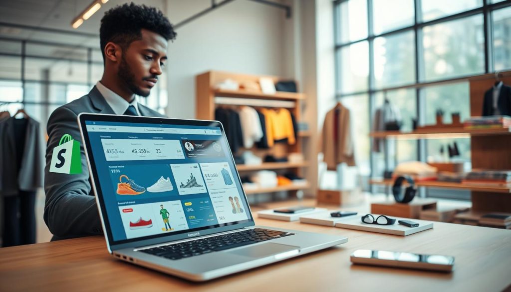 A vibrant and modern Shopify store management scene focused on a professional business person, a diverse individual in professional attire, analyzing product data on a sleek laptop. In the foreground, the laptop screen displays a user-friendly Shopify dashboard filled with engaging visuals of ecommerce statistics and products. In the middle ground, neatly organized products are showcased on shelves, including trendy fashion items and tech accessories, while a minimalist display emphasizes an organized workspace. The background features a soft-focus view of a bright office with large windows that let in natural daylight, creating an inviting atmosphere. The overall mood conveys efficiency, innovation, and potential in the ecommerce industry, captured from a slight high angle to enhance depth and clarity.