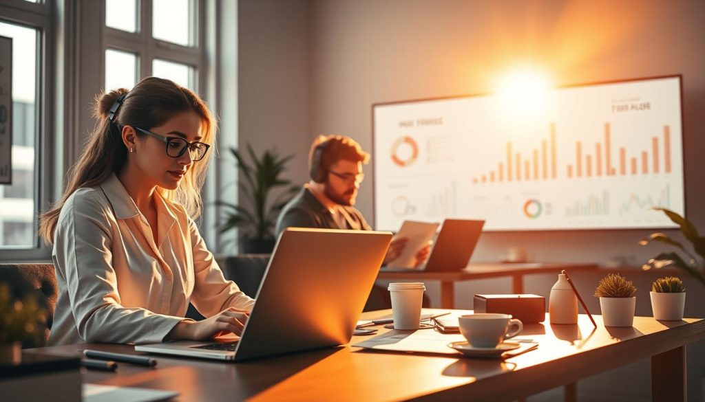 A vibrant digital scene depicting diverse freelancers working on various online platforms, illustrating the concept of e-commerce. In the foreground, a focused young woman in professional attire types on her laptop at a modern workspace, sunlight streaming through a window, casting warm light and creating a productive atmosphere. In the middle ground, a young man with headphones sketches ideas on a digital tablet, surrounded by notes and coffee cups, exuding creativity. In the background, a large screen displays graphs and charts symbolizing online business success. The overall mood is inspiring and dynamic, showcasing a collaborative, modern freelancing environment. Soft, natural lighting enhances the sense of achievement and potential, with a clean and minimalistic aesthetic.