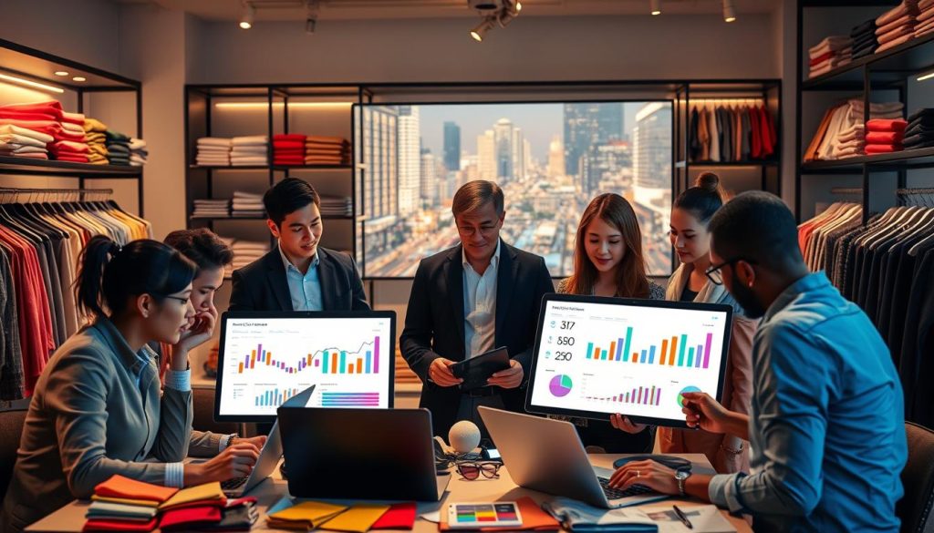A vibrant e-commerce clothing market analysis scene, showcasing a modern digital workspace. In the foreground, a diverse group of professionals in stylish business attire is intently analyzing clothing trend data on laptops and tablets, surrounded by colorful fabric swatches and clothing designs. The middle of the scene features a large screen displaying dynamic graphs and charts that depict market trends and consumer behaviors, illuminated by soft, warm lighting creating an engaging atmosphere. In the background, shelves filled with neatly arranged clothing items and accessories add depth, while a large window reveals a bustling cityscape, symbolizing the retail market. The overall mood is collaborative and focused, embodying the essence of strategic planning in the clothing industry.